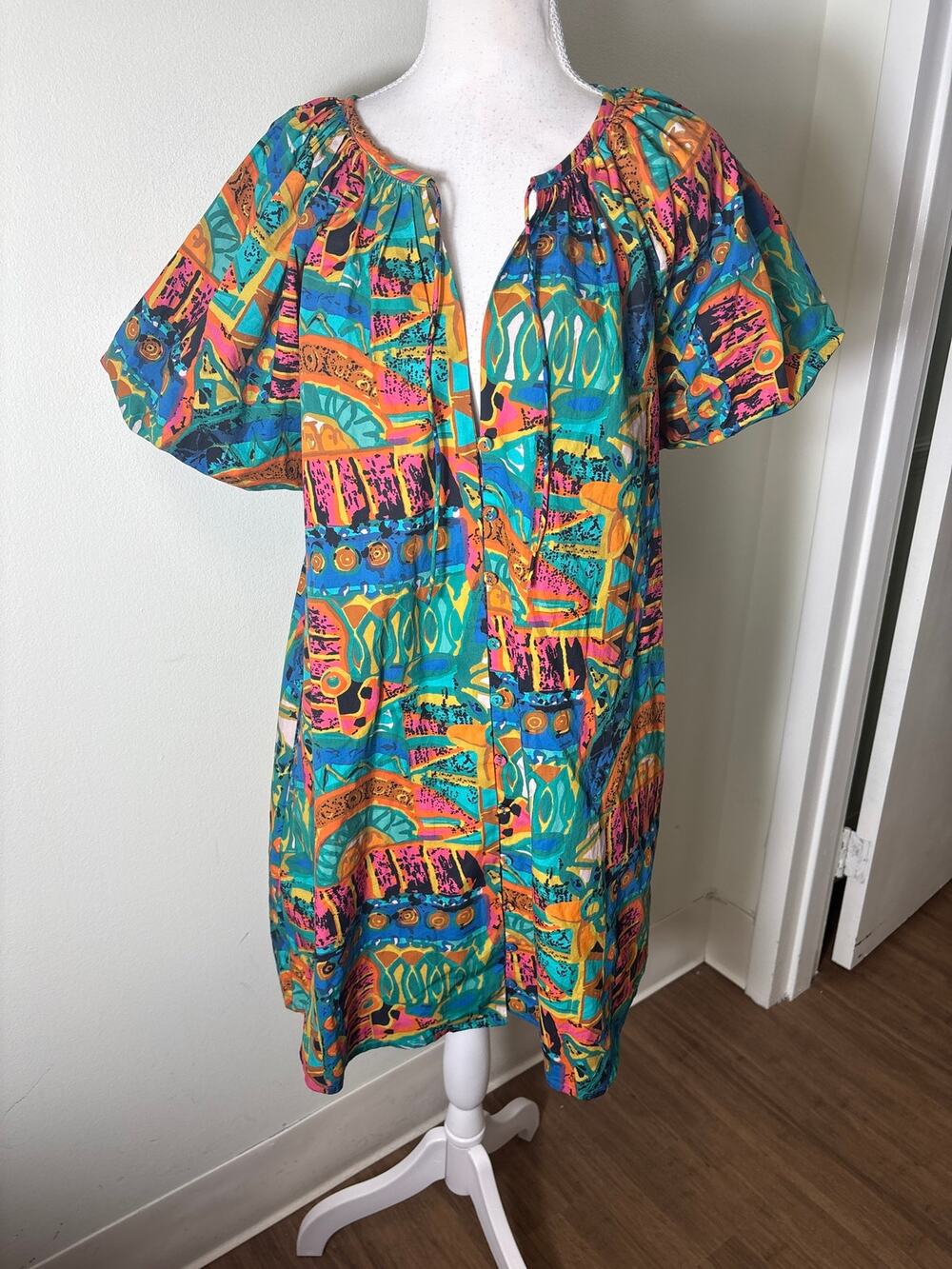 Cleobella Mulitcolor Half Puff Sleeve Button Up Knee Length Dress Sz L